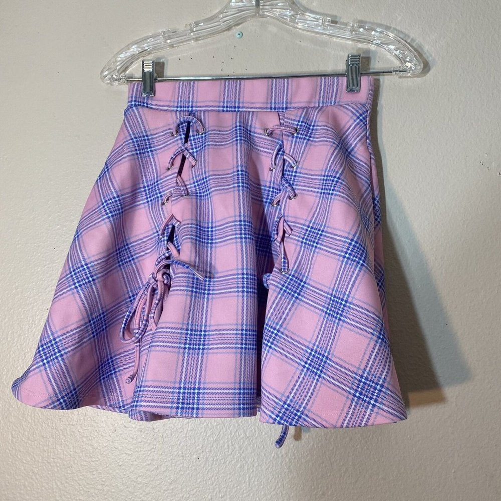 Hot Topic Pink Plaid Lace Up Women's Skirt Skater Size Small Schoolgirl …